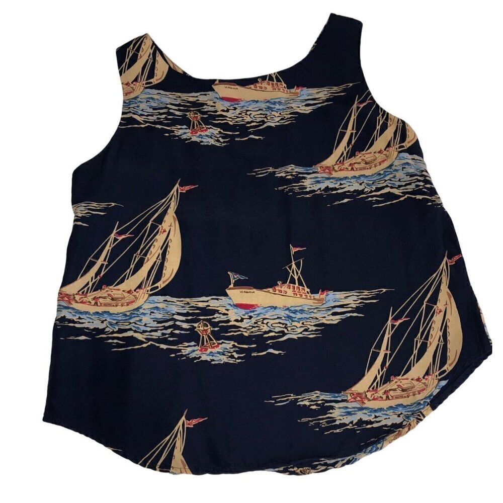 Vintage Womens Top Size 8 Nautical Sailing Ocean Tank Navy Blue Yacht Made USA - Picture 2 of 8
